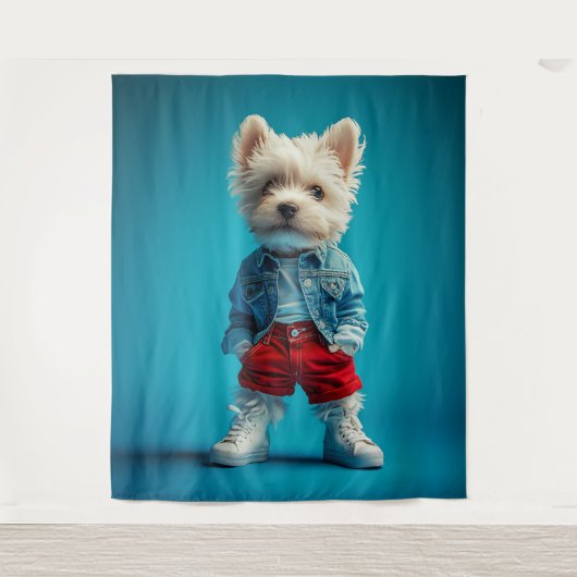 Stijlvolle Westie Pup in Denim en Sneakers Wandkleed (Voorkant)