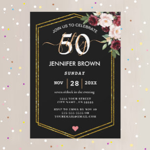 stijlvolle White Floral & Glitter 50th Birthday Pa Kaart