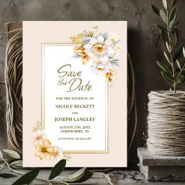 Stijlvolle White Gold Floral Wedding Save the Date