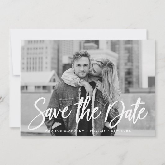 Stijlvolle White Script Photo Save the Date (Voorkant)