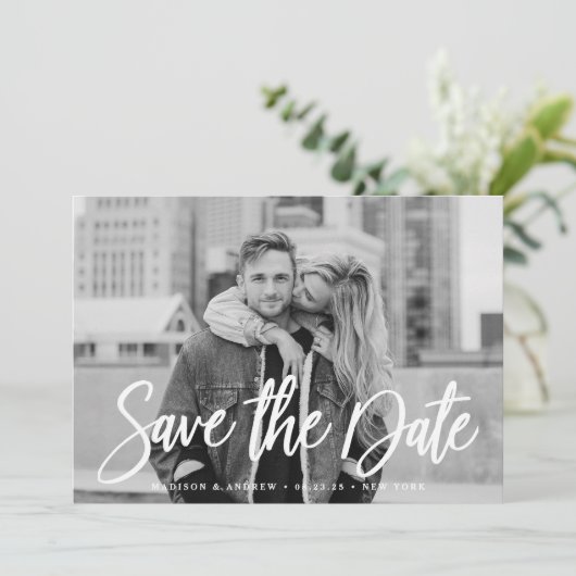 Stijlvolle White Script Photo Save the Date (Staand voorkant)