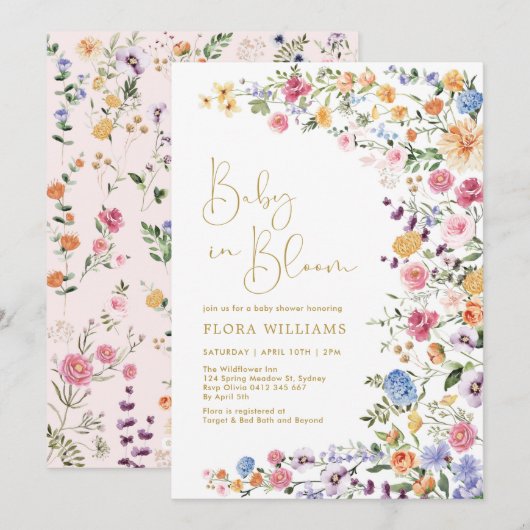 Stijlvolle Wildbloem-Baby in Bloom Girl Shower Kaart (Voorkant / Achterkant)