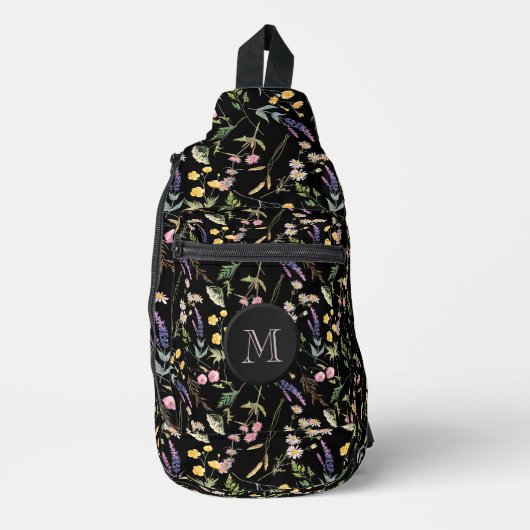Stijlvolle Wildbloemen op zwart Sling Bag (Voorkant)