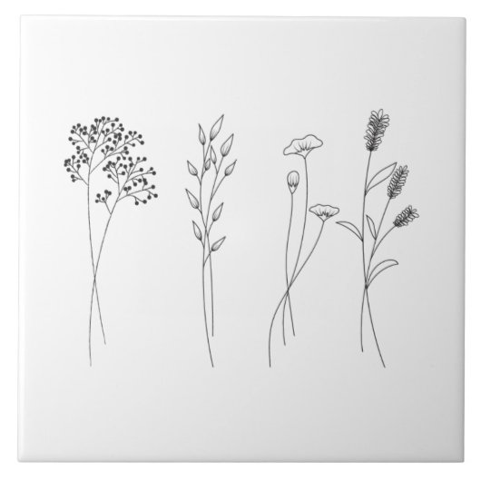 Stijlvolle wilde bloemen botanisch monochromatisch tegeltje (Voorkant)
