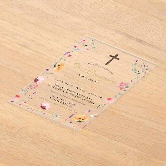 Stijlvolle Wildflower Garden Eerste Heilige Commun Acryl Uitnodigingen (Laagn)