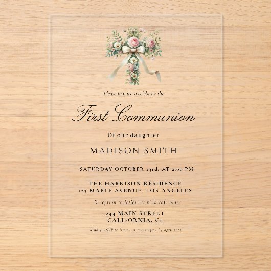 Stijlvolle Wildflower Garden Eerste Heilige Commun Acryl Uitnodigingen (Voorkant)