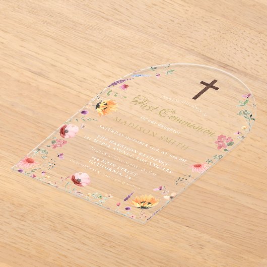 Stijlvolle Wildflower Garden Eerste Heilige Commun Acryl Uitnodigingen (Laagn)