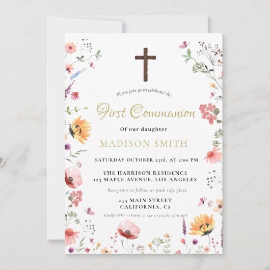 Stijlvolle Wildflower Garden Eerste Heilige Commun Kaart (Voorkant)