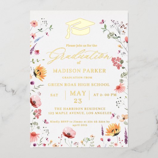 Stijlvolle Wildflower Meadow Garden Afstuderen Folie Uitnodiging (Voorkant)