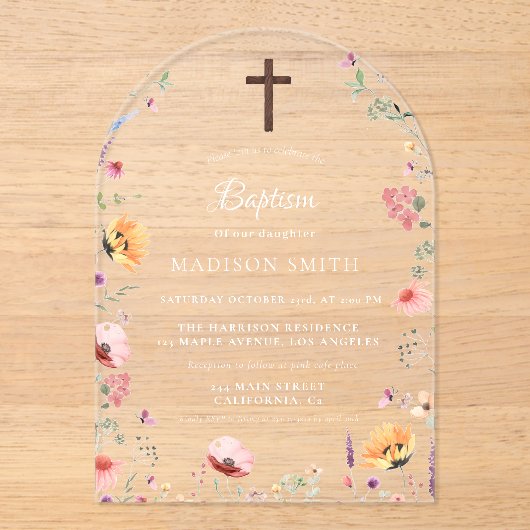 Stijlvolle Wildflower Meadow Garden Doop Acryl Uitnodigingen (Voorkant)