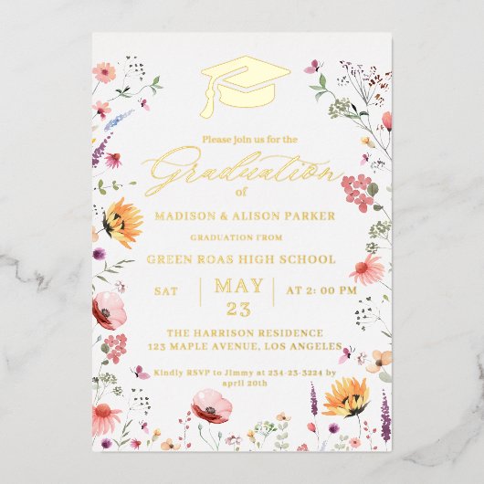 Stijlvolle Wildflower Meadow Garden Twin Afstudere Folie Uitnodiging (Voorkant)