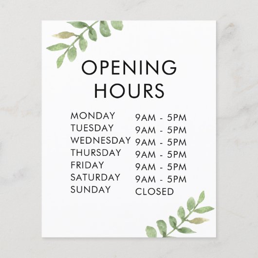 Stijlvolle Winkel Openingstijd met groene bladeren Flyer (Achterkant)