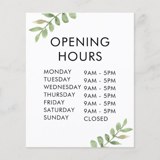 Stijlvolle Winkel Openingstijd met groene bladeren Flyer (Voorkant)