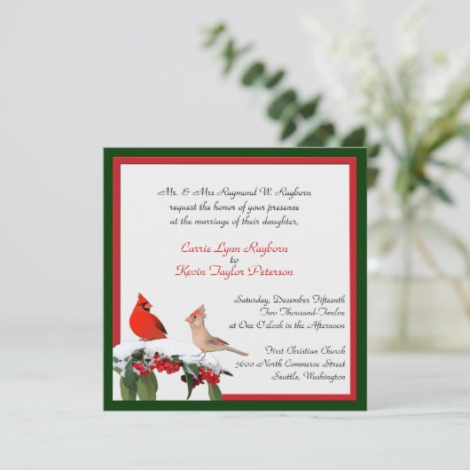Stijlvolle winter kardinalen bruiloft uitnodiging (Staand voorkant)