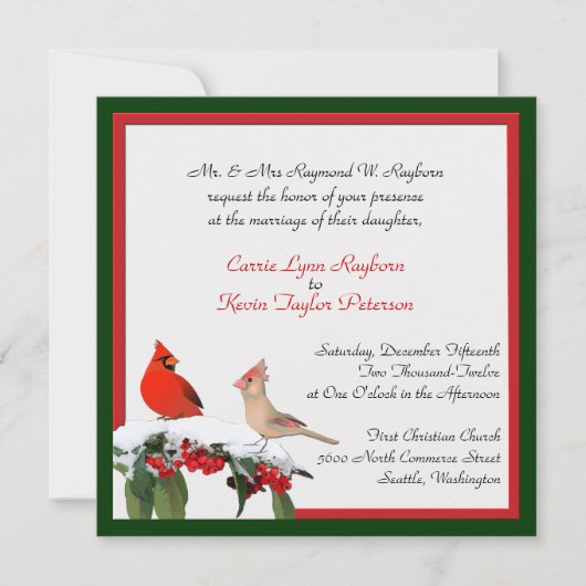 Stijlvolle winter kardinalen bruiloft uitnodiging (Voorkant)