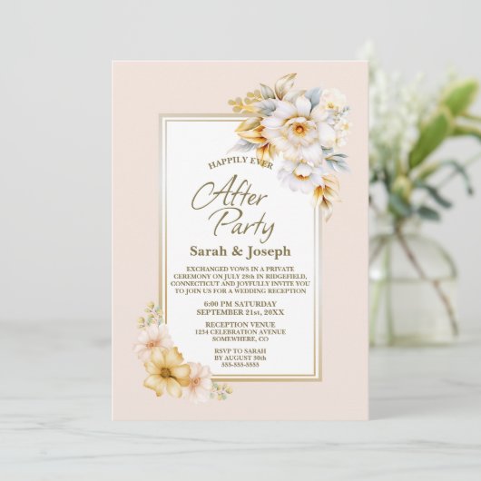 Stijlvolle witgouden bloemenbruiloft na feest kaart (Staand voorkant)