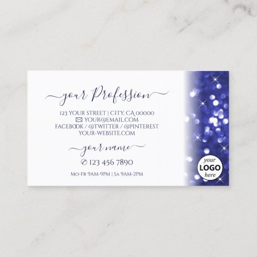 Stijlvolle witte blauwe glittersterren met Logo Visitekaartje (Achterkant)