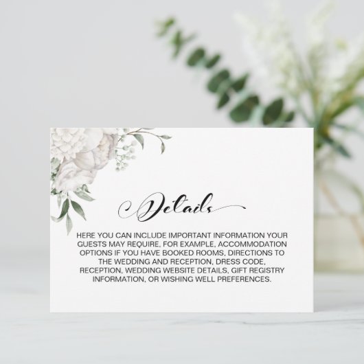 Stijlvolle witte bloemen bruiloft details informatiekaartje (Staand voorkant)