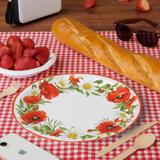 Stijlvolle witte dagen rode papaver, langwerpig, papieren bordje (Picknick)