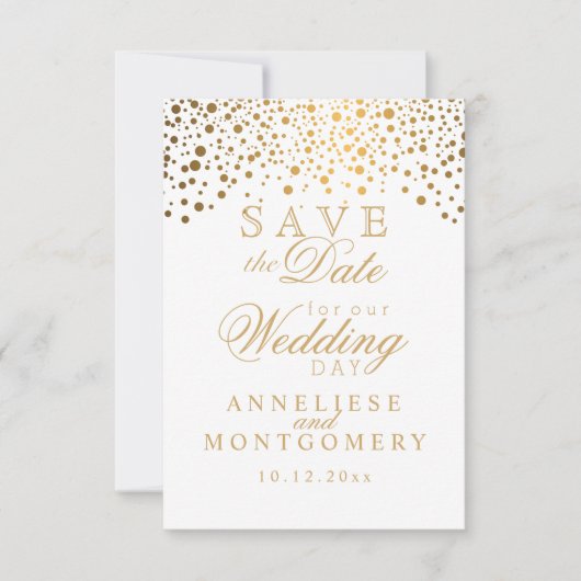Stijlvolle witte en gouden Confetti Stippen Sla de Save The Date (Voorkant)