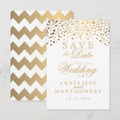 Stijlvolle witte en gouden Confetti Stippen Sla de Save The Date (Voorkant / Achterkant)
