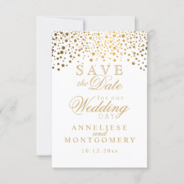 Stijlvolle witte en gouden Confetti Stippen Sla de Save The Date
