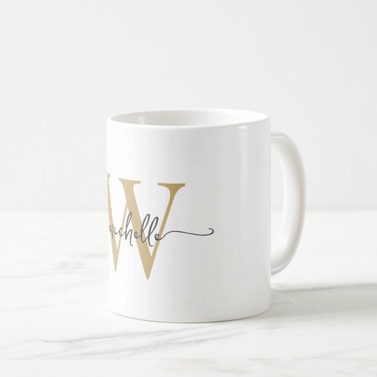 Stijlvolle witte en gouden monogram naam script koffiemok (Voorkant rechts)