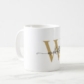 Stijlvolle witte en gouden monogram naam script koffiemok (Voorkant links)