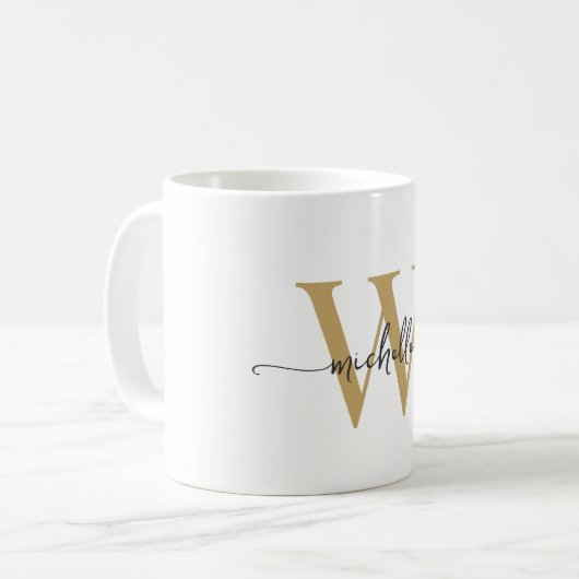 Stijlvolle witte en gouden monogram naam script koffiemok (Voorkant links)