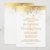 Stijlvolle, witte en goudsneeuwvloke repetitie kaart (Voorkant / Achterkant)