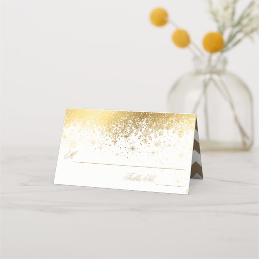 Stijlvolle witte en goudsneeuwvlokken plaatskaartje (Achterkant)