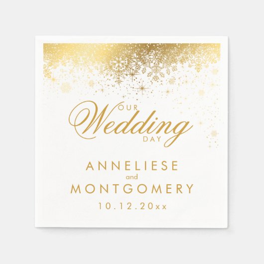 Stijlvolle witte en goudsneeuwvlokken servetten (Voorkant)
