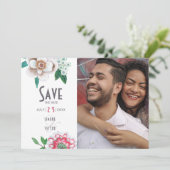 Stijlvolle witte en rode Bloemen Foto Bewaar de da Save The Date (Staand voorkant)