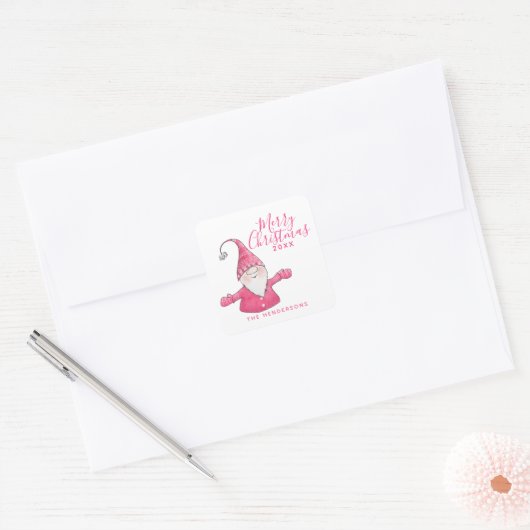 Stijlvolle witte en roze Schattigee Gnome Merry Ch Vierkante Sticker (Envelop)