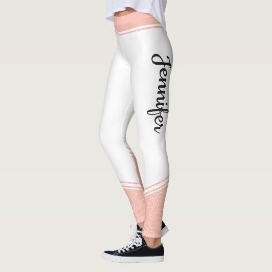 Stijlvolle witte en roze witte strepen en naam leggings (Links)