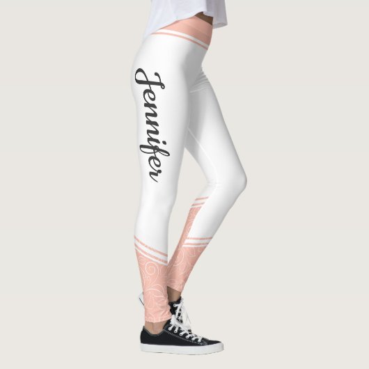 Stijlvolle witte en roze witte strepen en naam leggings (Rechts)