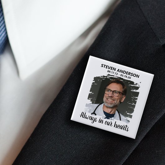 Stijlvolle witte foto rouwdienst vierkante button 5,1 cm