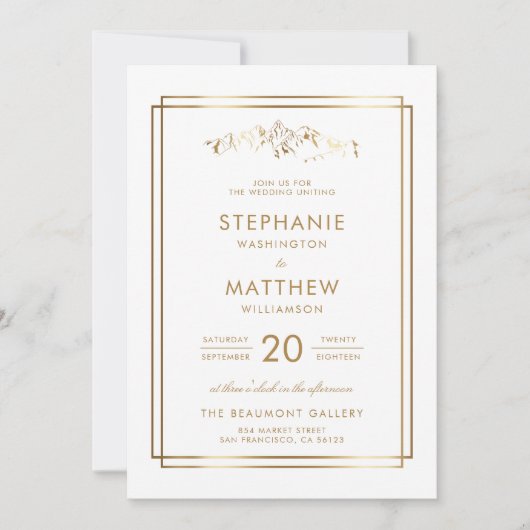Stijlvolle Witte & Gouden Berg Bruiloft Kaart (Voorkant)