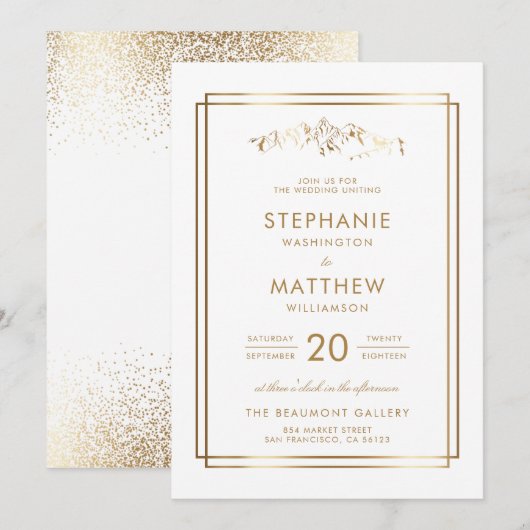 Stijlvolle Witte & Gouden Berg Bruiloft Kaart (Voorkant / Achterkant)