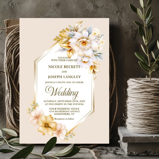 Stijlvolle witte gouden bloem geometrische bruilof kaart