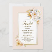 Stijlvolle witte gouden bloemen bruids douche uitn kaart (Voorkant)