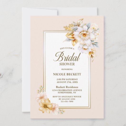 Stijlvolle witte gouden bloemen bruids douche uitn kaart (Voorkant)