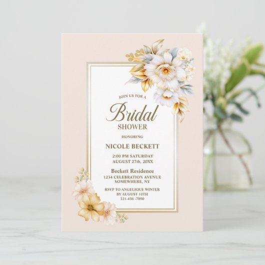 Stijlvolle witte gouden bloemen bruids douche uitn kaart (Staand voorkant)