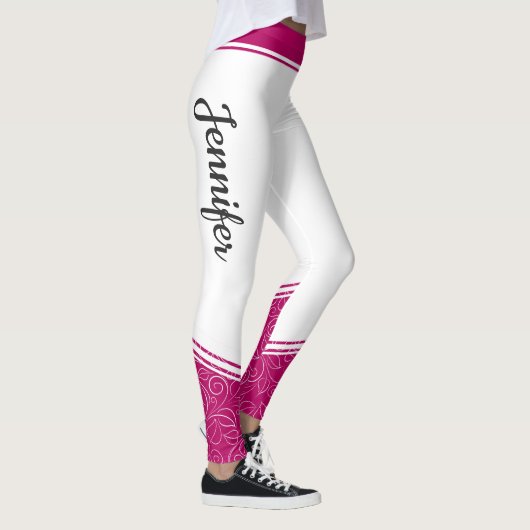 Stijlvolle witte magenta witte strepen & naam leggings (Rechts)