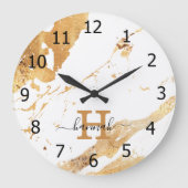 Stijlvolle witte marmer Gold Foil monogram naam Grote Klok (Voorkant)