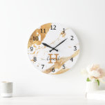 Stijlvolle witte marmer Gold Foil monogram naam Grote Klok<br><div class="desc">Luxurous Elegant White Marble Gold Foil Monogramme Name Large Clock</div>