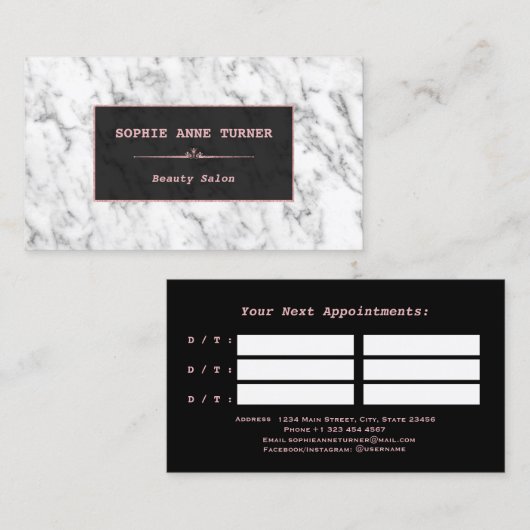 Stijlvolle witte marmeren roze gouden afspraak afsprakenkaartje (Voorkant / Achterkant)