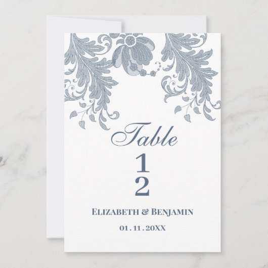 Stijlvolle witte mauve blauwe bloemenkant Tafelnum Kaart (Voorkant)