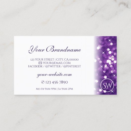 Stijlvolle witte Paarse mousserende glitterInitial Visitekaartje (Achterkant)