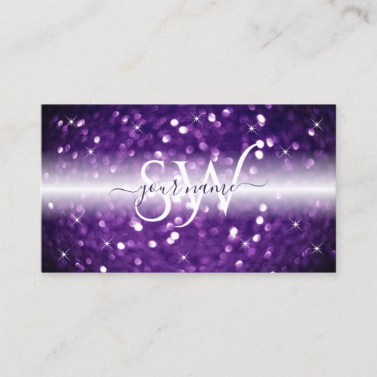 Stijlvolle witte Paarse mousserende glitterInitial Visitekaartje (Voorkant)